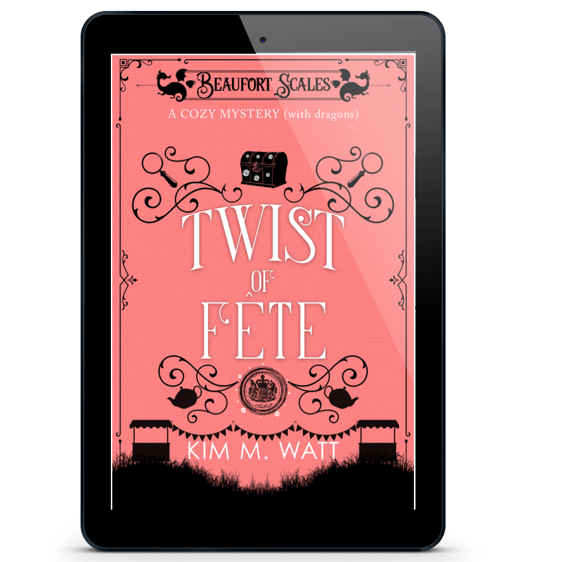 A black tablet device centered on a light gray background, displaying the book cover for 'Twist of Fate' by Kim M. Watt.