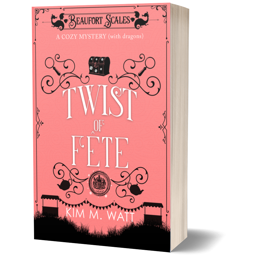 A hardcover book titled 'Twist of Fete' by Kim M. Watt, featuring a pink cover with black decorative illustrations and typography, shown on a clean white background with a soft shadow.