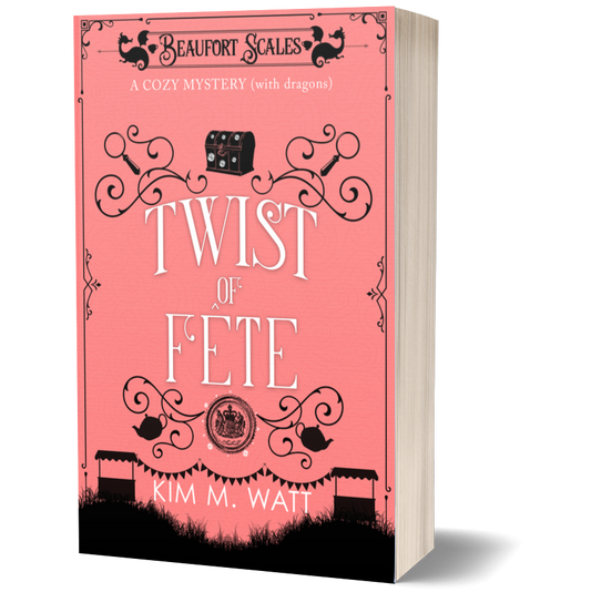 A hardcover book titled 'Twist of Fete' by Kim M. Watt, featuring a pink cover with black decorative illustrations and typography, shown on a clean white background with a soft shadow.